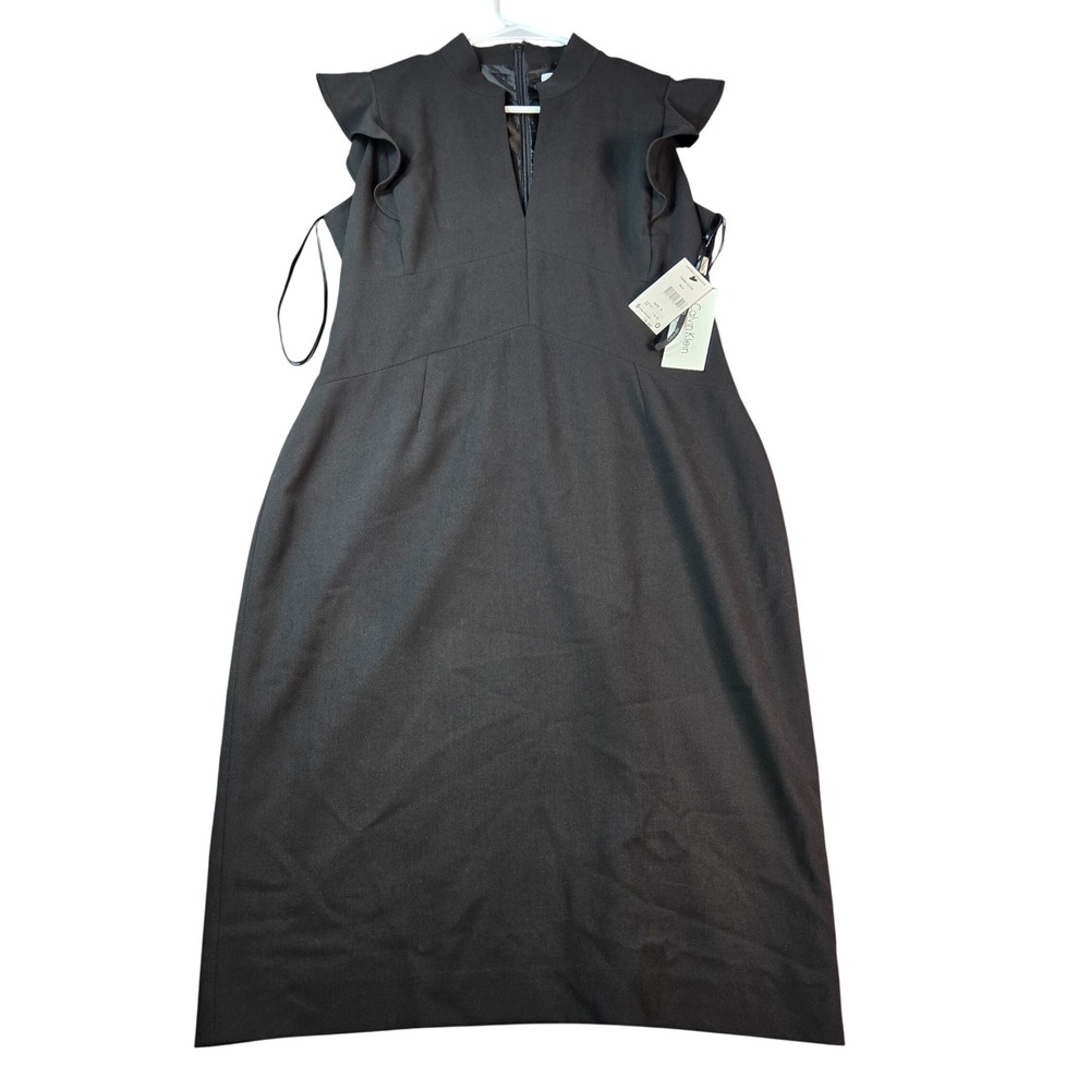 Calvin Klein Black Ruffle Cap Sleeve Split Neck Sheath Dress CD9K1C09 Size 8 NEW